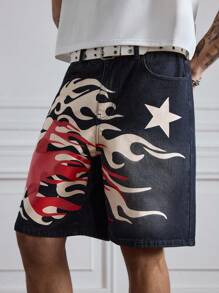 ROMWE MEN Street Life Quần Short Mùa Hè Cho Nam, Thiết Kế In Họa Tiết Cổ Điển, Phong Cách Hàn Quốc - Rửa tối - Xem 1