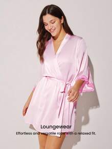 LUVLETTE 女士性感丝滑缎面奢华蕾丝边系带透气家居服睡袍内衣及睡衣，情人节、春夏皆宜 - 粉色 - 查看 4
