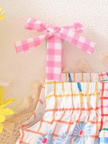SHEIN Fashionable Plaid & Floral Print Baby Girls' Jumpsuit