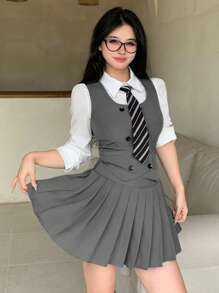 DAZY 女式学院风针织背心开衫衬衫和百褶裙两件套，适合春夏秋季、返校季和毕业季 - 灰色 - 查看 7