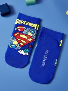 SUPERMAN X SHEIN 3 Pairs Cute Cartoon Striped Pure Cotton Boys/Children Socks, Reinforced Toe & Heel, All Season Wear, Suitable For School & Daily, Blue - Multicolor - View 9