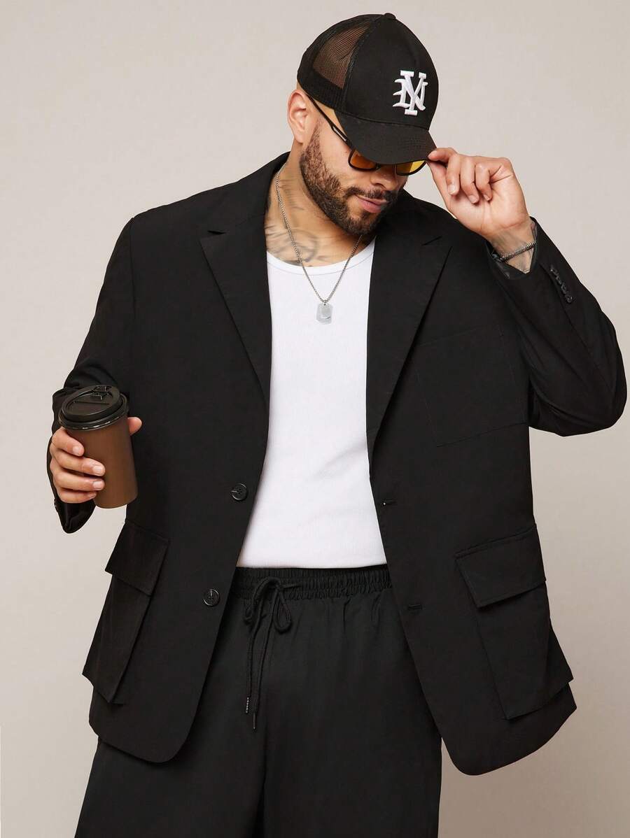 EASEVO Plus Size Men's Casual Long Sleeve Woven Blazer With Pockets, For Fall Winter, Wedding