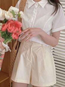 DAZY Waist Fitted Polo Shirt, Slimming Slim College Style Short Sleeve,Back To School Clothes - White - View 2