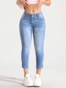 SHEIN Tall Jeans vita ampia, orlo aperto alla caviglia, vita bassa, lunghezza 7/8 - Lavaggio chiaro - Visualizzare 6