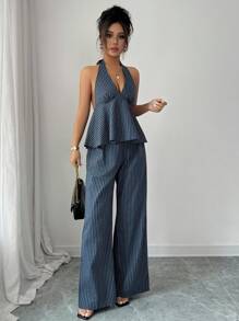 Elenzga 女式夏季条纹荷叶边下摆露背上衣和休闲裤两件套 - 寶藍色 - 查看 7