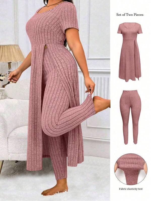 SHEIN LUNE 2pcs/Set: Casual Minimalist Solid Color Ribbed Split Hem Long Tunic T-Shirt And Tight Pants, Plus Size