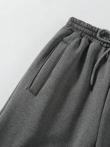 SHEIN Explorewe Tween Boys' Solid Color Waist Tie Basic Casual Thermal Lined Joggers Chic Outfits For Autumn/Winter - Dark Grey - View 3