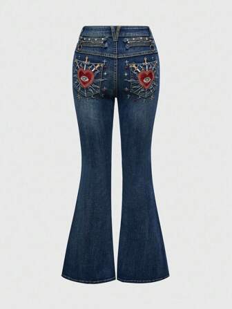Goth Pantalon en jean style gothique vintage pour fille avec broderie cœur, larme de cristal et étoiles décoratives