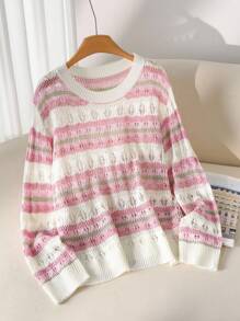 CosyJoli Plus Size Women Hollow Out Design Knitted Long Sleeve Sweater, Pink Knit Top, New 2025 Autumn/Winter, Suitable For Commuting And Casual Wear, Pink Knitwear Fall