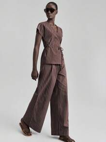 Ontre 2025 Autumn/Winter Women's Clothing, Fall/Winter Women's Wear, Back To School, Halloween, Christmas, Business Casual, Retro Dignified Elegant Versatile Outfit, Basic Apparel: Nashville Apparel Striped Print V-Neck Wrap Short Sleeve Top And Pocket Pants Two Pieces Set - Brown - View 6