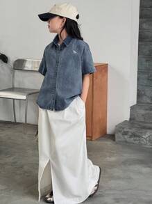 Dazy Kids Tween GirlsTurndown Collar Animal Embroidery Short Sleeve Denim Top