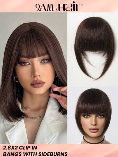 Extensiones de cabello humano con flequillo y patillas de color marrón oscuro. Flequillo con clip fácil de poner, ideal para principiantes, pieza de cabello natural