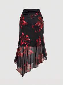 SHEIN MOD Fashionable, Romantic And Elegant, Asymmetrical Hem Floral Print Women's Skirt, Floral Skirt, Lily Skirt, Asymmetrical Skirt,Back To School,Goth,Halloween