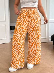 SHEIN EZwear Celana Panjang Kasual Potongan Lurus Motif Garis Zebra Kuning Ukuran Besar - Jeruk - View 5