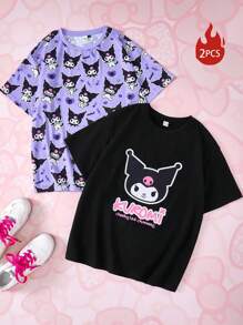 HELLO KITTY AND FRIENDS | SHEIN Áo thun nữ tay ngắn in họa tiết cổ tròn cỡ lớn dễ thương, thoải mái, dễ thương, mặc khi trở lại trường vào mùa hè, 2 chiếc - Màu tím - Xem 7
