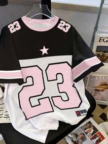 青少年女孩时尚休闲运动风格白色和粉色渐变图案数字 23 印花短袖 T 恤，适合运动休闲，百搭夏季上衣