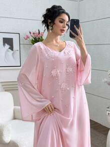 Yasmyna V-Neck Embroidered Floral Beads Ruffle Sleeve Swing Arabic Style Dress, Spring/Summer Pearl Kaftan Kaftan Dress - Pink - View 1