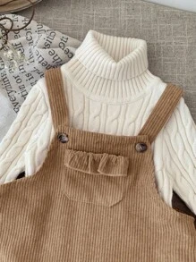 SHEIN LMoss Kids LMoss 女婴可爱粉色灯芯绒背带裙，适合秋冬季女婴灯芯绒背带裙，卡其色婴儿连衣裙，摩卡色婴儿服装，复古婴儿服装，女婴灯芯绒连衣裙 - 卡其色 - 查看 5