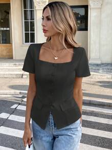 Easowa Vintage Old Money Solid Color Square Collar Short Sleeve Shirt, Office Wear, Spring/Summer - Dark Grey - View 6