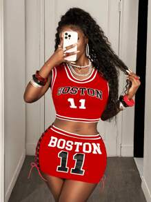 BamGleam Summer Sexy Letter Print Cropped Tank Top & Criss-Cross Strap Mini Skirt Set