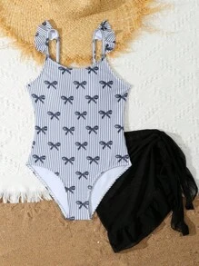 女童连体泳衣，带可爱蝴蝶结和条纹花卉图案，两件套，含裙子 - 黑與白 - 查看 5
