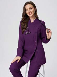 Scrubzie 2件套抗皱立领长袖女式手术服上衣和裤子套装 - 紫色 - 查看 6