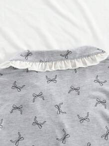 Bộ 3 áo cardigan tay ngắn in nơ giản dị cho bé gái tuổi mới lớn + quần short/quần dài Bộ đồ ngủ thoải mái - Xám - Xem 6