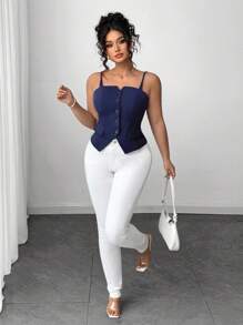 Calvaya Plus Size Women Casual Slim Fit Guzik Ozdobny Pasek