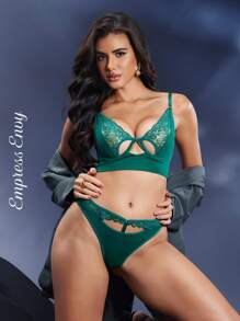 EmpressEnvy 蕾絲拼接鋼圈內衣套裝 - 墨綠色 - 查看 1