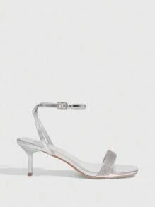 CUCCOO SZL Women's Silver Metallic PU Silver Rhinestone Decor Strap Square Toe Kitten Heels, Fashionable Sexy Glamorous Party Clubwear High Heel Sandals