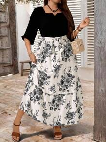 EMERY ROSE Plus Size Women Floral Print A-Line High Waist Tie Sash Ruffle Hem Maxi Skirt, Spring/Summer - White - View 4