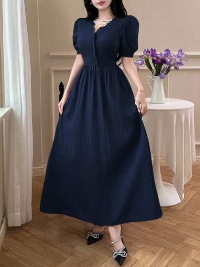 Feyla Women's Elegant Solid Color Puff Sleeve Long Dress