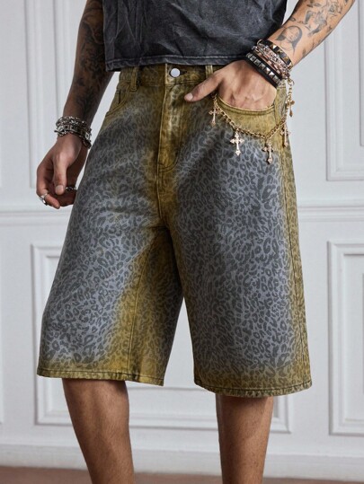 Grunge Punk Men's Leopard Print Denim Shorts, Fashionable For Summer