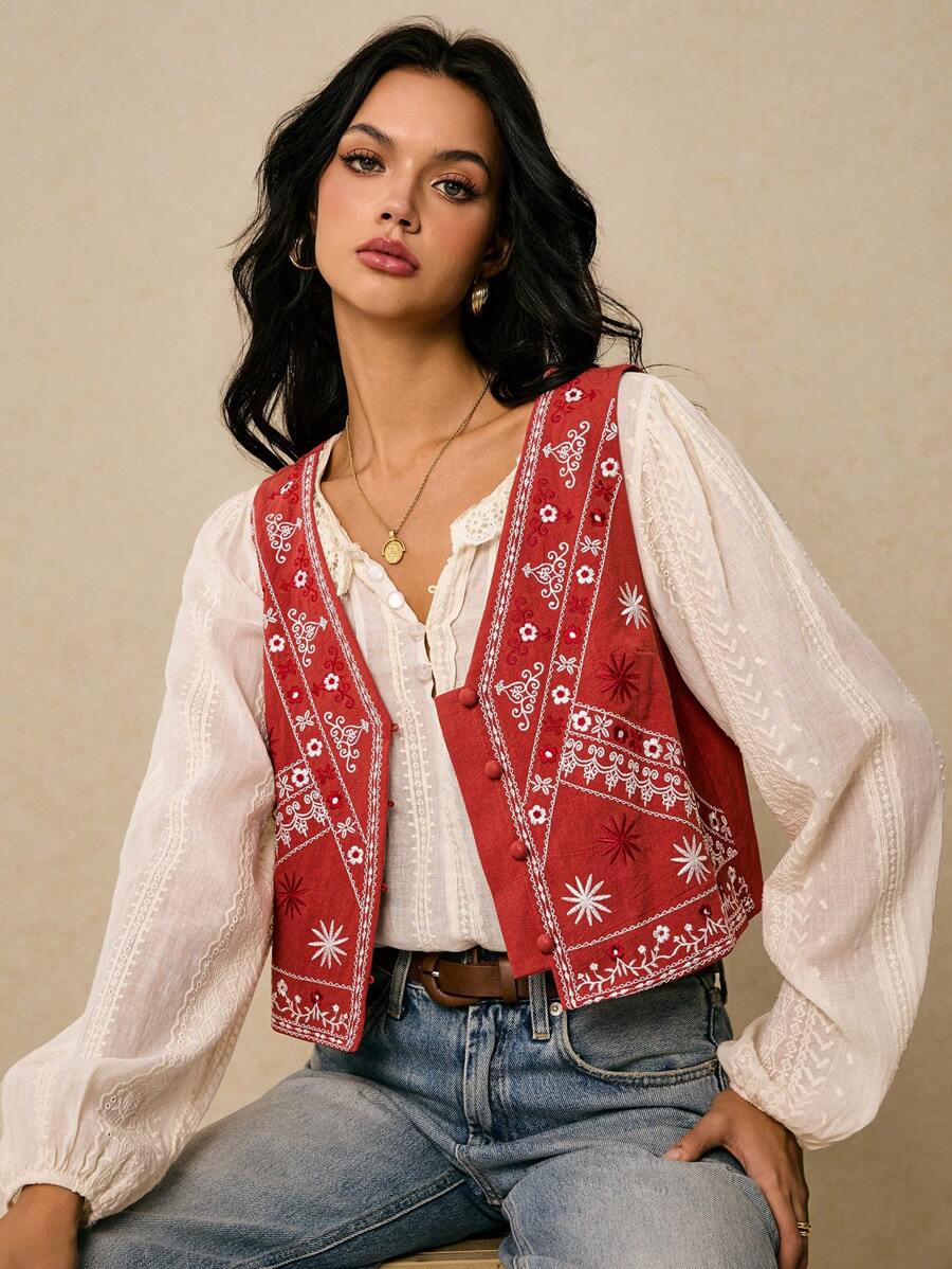 Poéselle Women Vacation Casual Embroidery Cropped Tank Top - Redwood - View 1