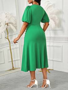 SHEIN Lady Spring, Summer, Autumn And Winter Elegant Emerald Green Knitted Round Neck Ruffled Puff Sleeves Long Dress Teachers' Day Office Church - Green - View 2