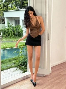 Rafferiza Áo crop top hở lưng hở lưng cổ chữ V gợi cảm cho nữ - màu nâu - Xem 6