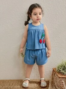 Blossori Baby Girls Countryside Style Cherry Pattern Sleeveless Top And Shorts Set - Blue - View 7