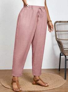 Elaquor Plus Size Solid Color Casual Trousers With Elastic Waist And Diagonal Pockets - Dusty Pink - View 6