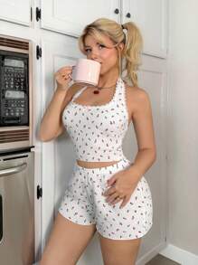 Sweetina 2pcs Cute Casual Summer Ditsy Floral Halter Top And Shorts Women Pajama Set - Multicolor - View 4