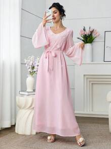 Yasmyna V-Neck Embroidered Floral Beads Ruffle Sleeve Swing Arabic Style Dress, Spring/Summer Pearl Kaftan Kaftan Dress - Pink - View 5