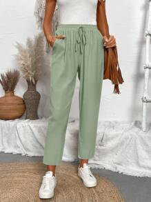 EMERY ROSE Solid Color Front Tie Simple Style Long Pants, Casual Daily Wear