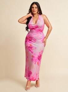 SHEIN BAE Váy đi biển in hoa hở lưng cỡ lớn cho nữ, Váy in hoa cổ bồng, Xuân/Hè - Hồng - Xem 4