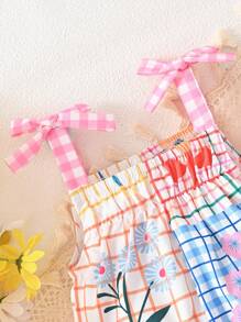SHEIN Fashionable Plaid & Floral Print Baby Girls' Jumpsuit
