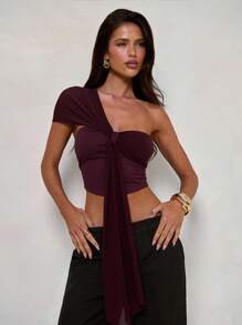 Aloruh 女士优雅日常不对称夏季 T 恤网眼针织纯色上衣日常工作休闲通勤机场街头服饰老钱 Y2K 乡村音乐会夜间外出/外出老师返校