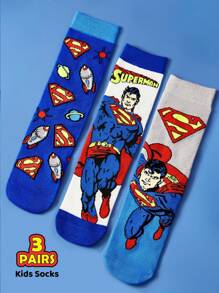SUPERMAN X SHEIN 3 双棉质条纹卡通男童中筒袜，加固脚趾和脚跟，经久耐用，适合上学和日常穿着，蓝色