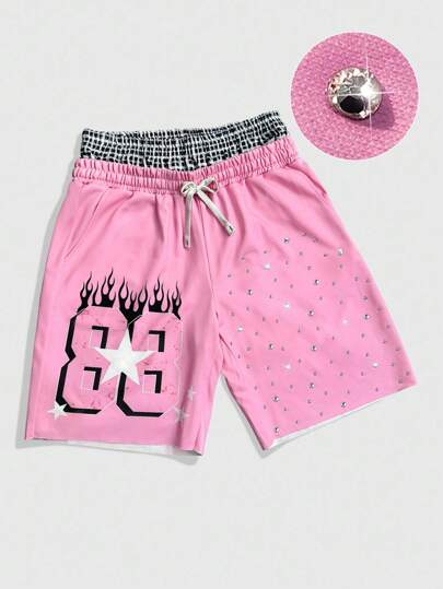 Prep Men's Summer Casual Plaid Patchwork Rhinestone Decorated Shorts