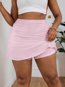 SHEIN PETITE CURVE Spring And Summer Break Solid Ruched Ruffle Hem White Skirt Pink Skort - Pink - View 7