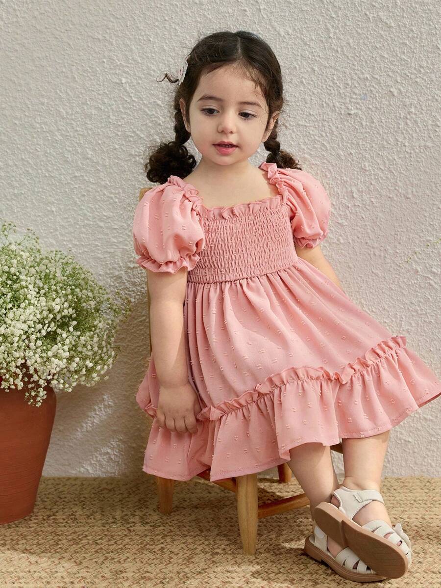 Blossori Baby Girls' Countryside Resort Style Pink Puff Sleeve Dress - Pink - View 1