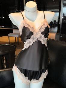 SHEIN 2pcs/Set Sexy Satin Lace Patchwork V-Neck Cami Top And Ultra Short Shorts Sleepwear Set Black Satin Pj Set Lace Trim Satin Sleepwear - Black - View 4