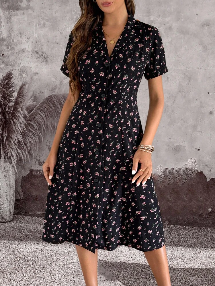 Women's Ditsy Floral Short Sleeve Single Breasted Long Casual Dress, For Summer Holiday